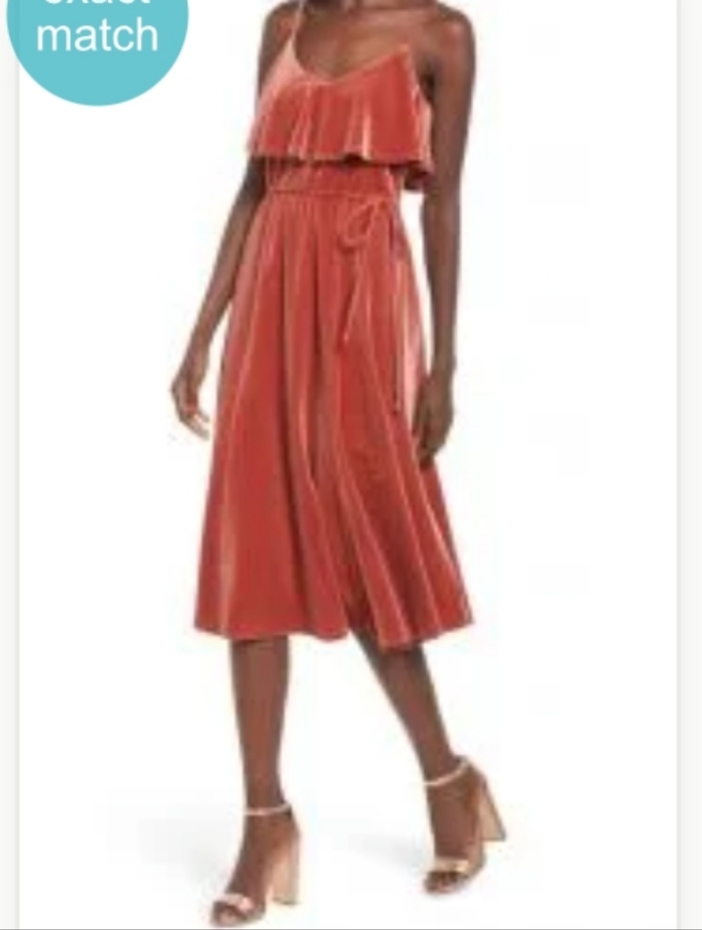 june & hudson Rust Velvet Ruffle Midi Dress